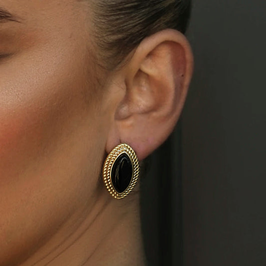 18K Vergoldete Ohrringe | Vintage mit Schwarzem Stein