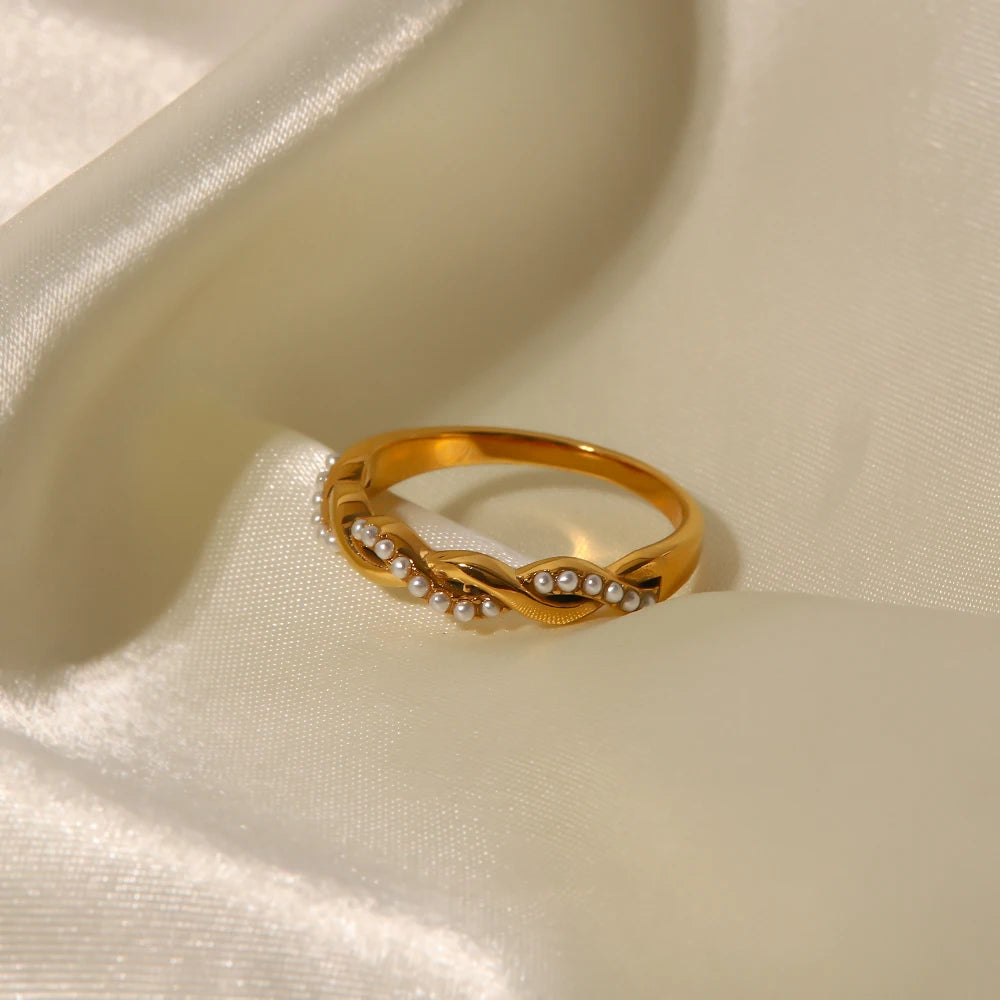 18 Karat Gold Vergoldeter Verstellbarer Gedrehter Kleiner Perlenring
