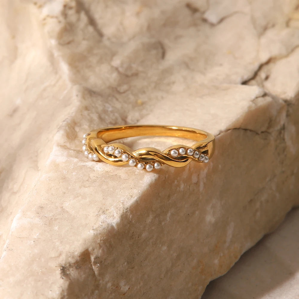 18 Karat Gold Vergoldeter Verstellbarer Gedrehter Kleiner Perlenring