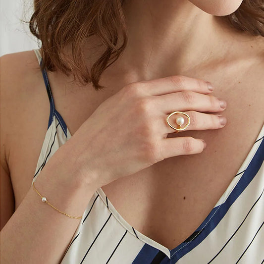 18 Karat Gold Vergoldete Elegante Verstellbare Perlenring
