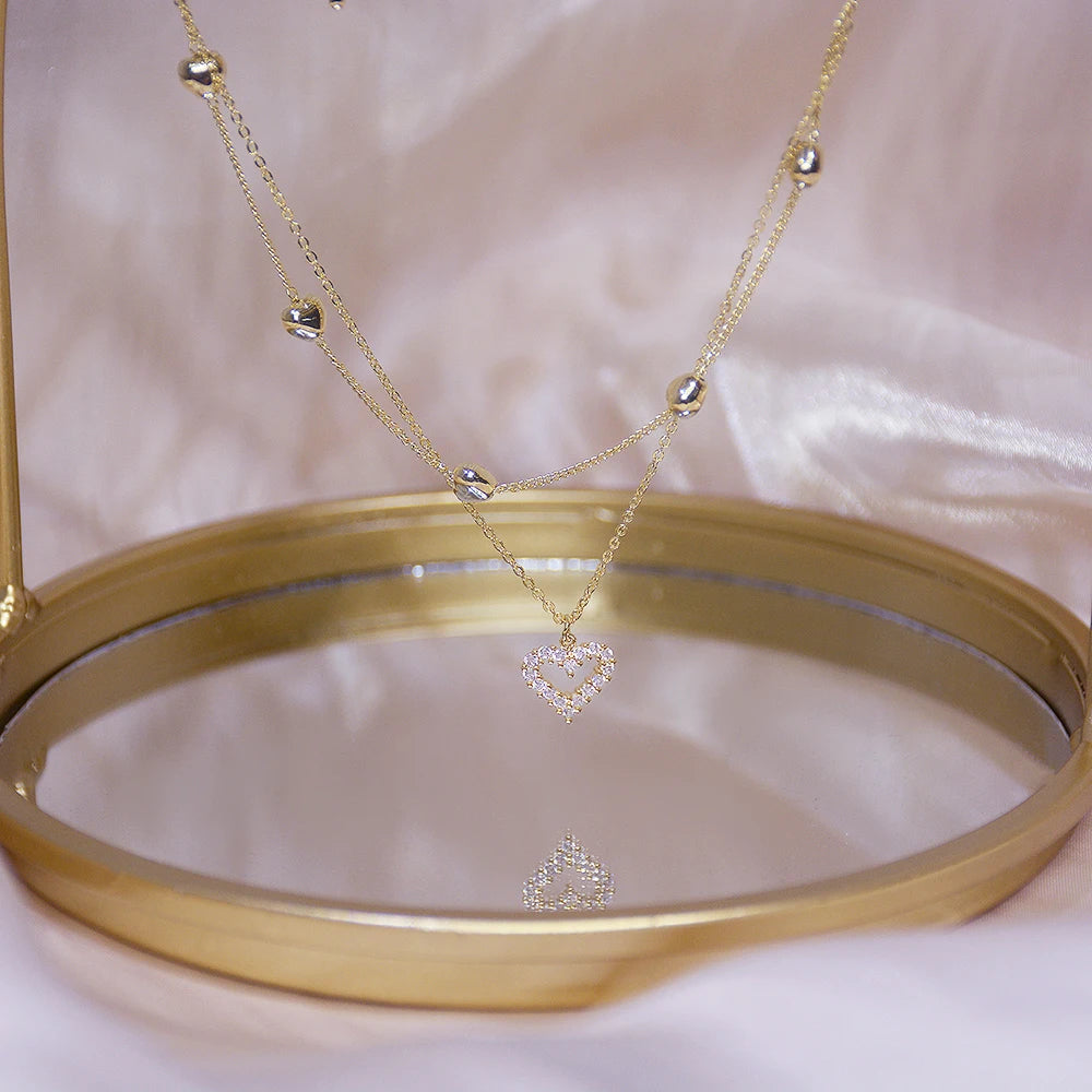 18 Karat Gold Vergoldete 2-lagige Zirkonia-Herzkette