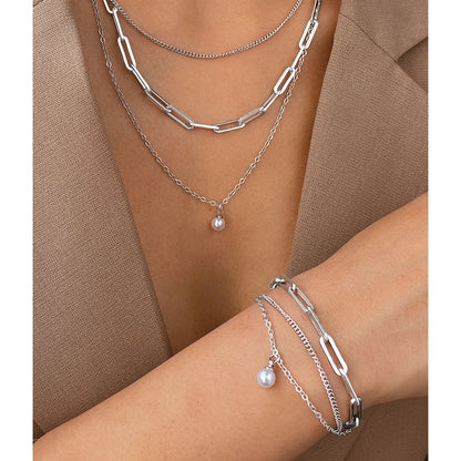 925 Sterling Silber Vergoldetes Set: 3-lagige Kette und Armband mit Perle