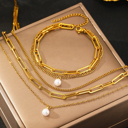 18 Karat Gold Vergoldetes Set: 3-lagige Kette und Armband mit Perle