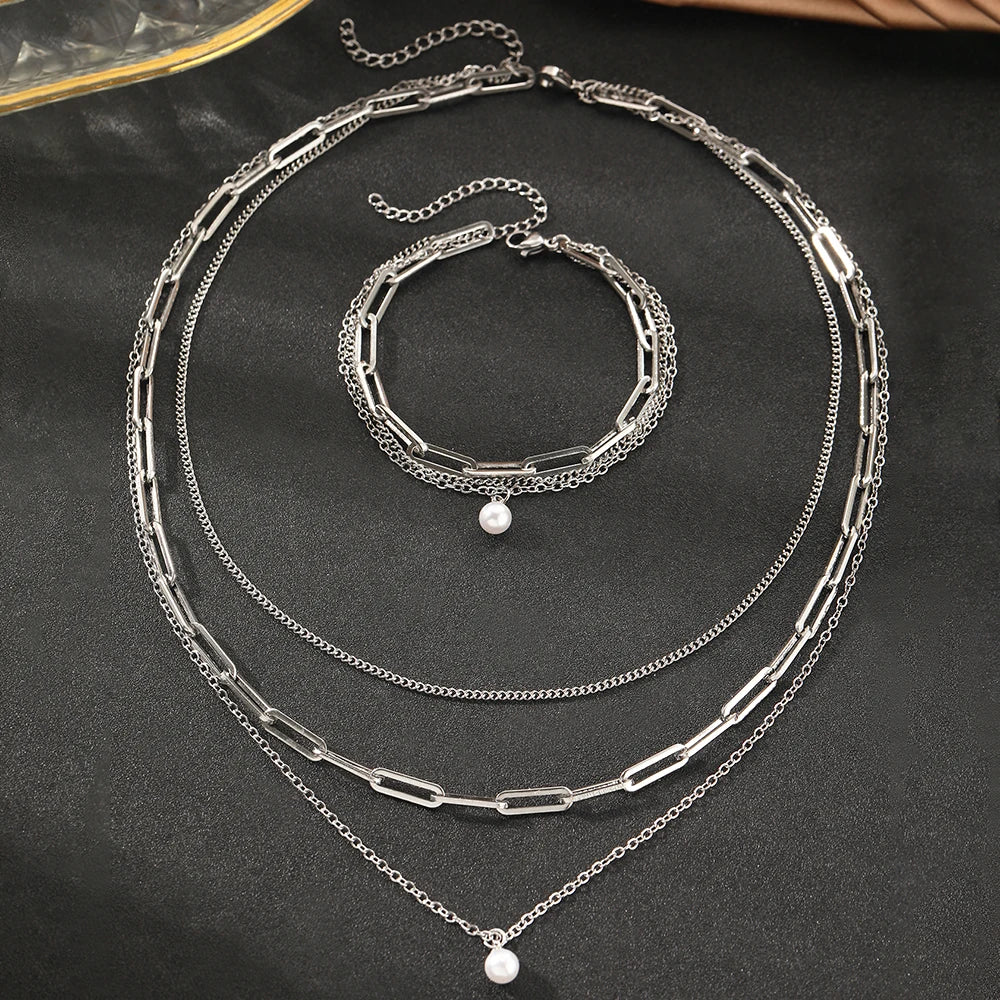 925 Sterling Silber Vergoldetes Set: 3-lagige Kette und Armband mit Perle
