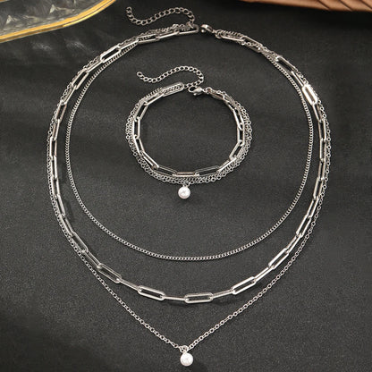 925 Sterling Silber Vergoldetes Set: 3-lagige Kette und Armband mit Perle