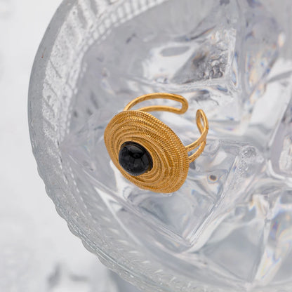 18 Karat Gold Vergoldete Verstellbare Wickelring mit Schwarzem Stein
