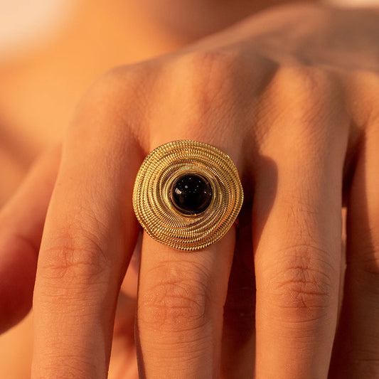 18 Karat Gold Vergoldete Verstellbare Wickelring mit Schwarzem Stein