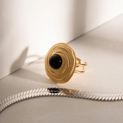 18 Karat Gold Vergoldete Verstellbare Wickelring mit Schwarzem Stein