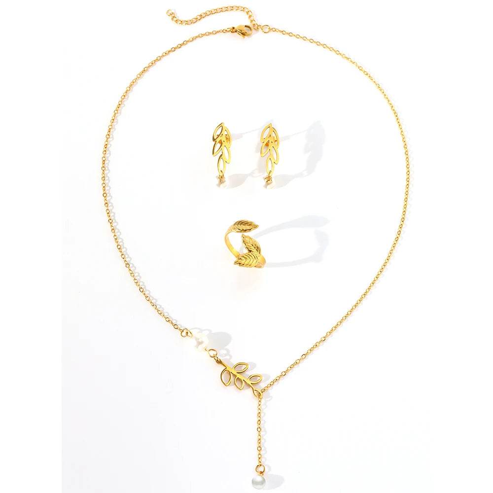 18 Karat Gold Vergoldetes Blatt-Schmuckset mit Perle