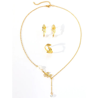 18 Karat Gold Vergoldetes Blatt-Schmuckset mit Perle
