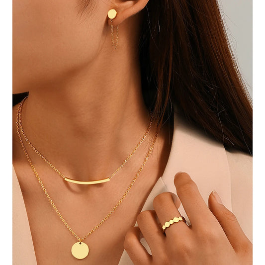 18 Karat Gold Vergoldetes Luxus-Set: Doppel-Lagen Kette, Ohrringe und Ring