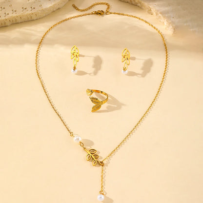 18 Karat Gold Vergoldetes Blatt-Schmuckset mit Perle