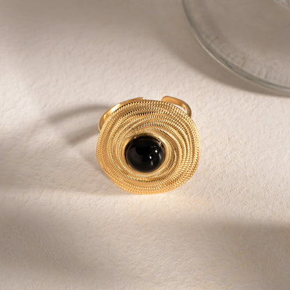 18 Karat Gold Vergoldete Verstellbare Wickelring mit Schwarzem Stein