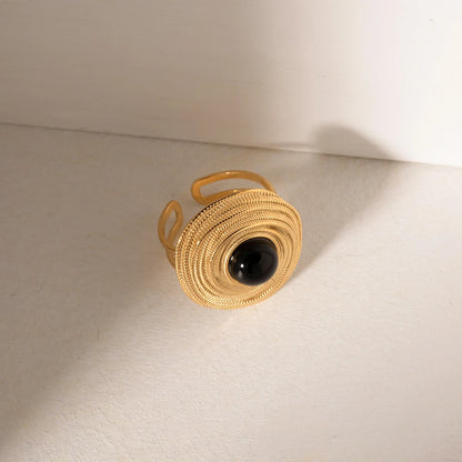 18 Karat Gold Vergoldete Verstellbare Wickelring mit Schwarzem Stein