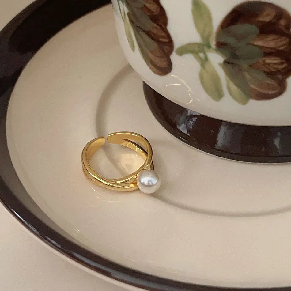 18-Karat Gold Vergoldeter Eleganter Perlenring