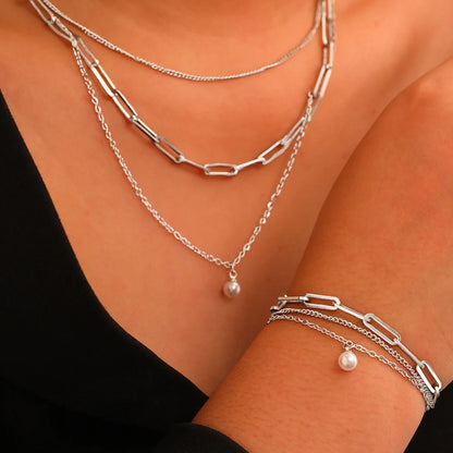 925 Sterling Silber Vergoldetes Set: 3-lagige Kette und Armband mit Perle