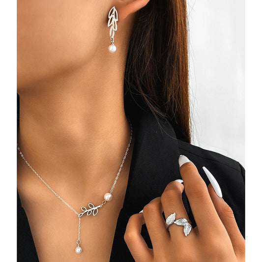 925 Sterling Silber Vergoldetes Blatt-Schmuckset mit Perle